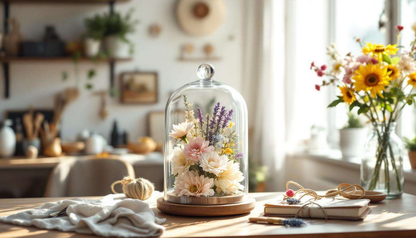 Cloche de fleurs séchées : décoration naturelle et durable